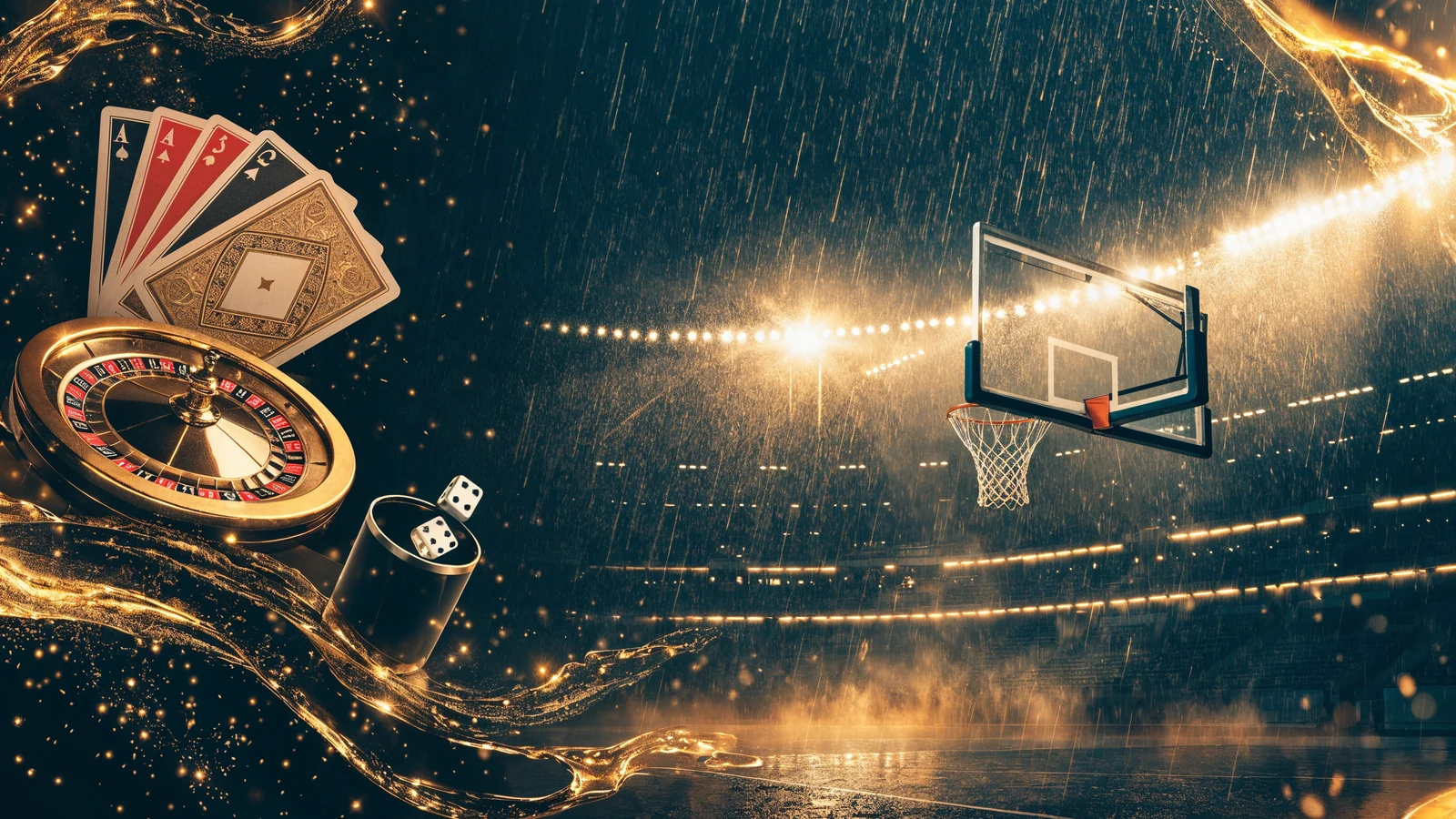 Split illustration of a WinZir online casino table beside a floodlit basketball arena at night